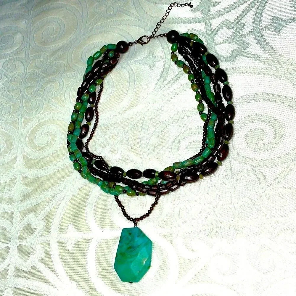 Multi-strand faux turquoise pendant adjustable necklace of browns and blue green